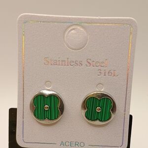 Stainless Steel Green Clover Earrings